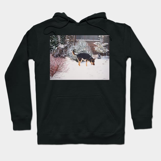 Winter snow scene with cute black and tan dog Hoodie by pollywolly